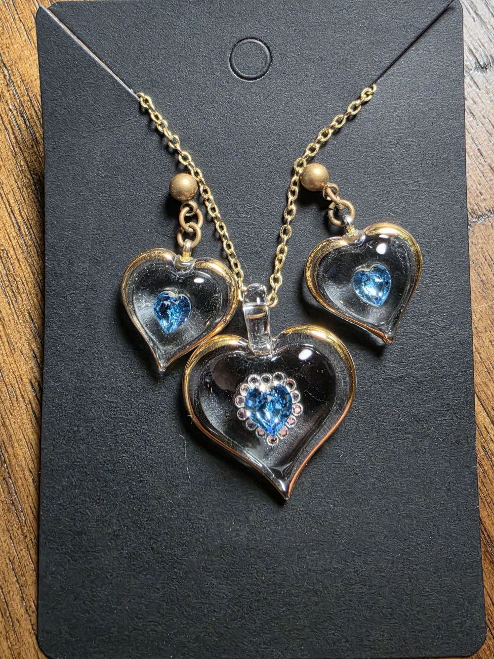 Gold-Tone Glass Heart Necklace & Earrings Set with Blue Crystal Accent